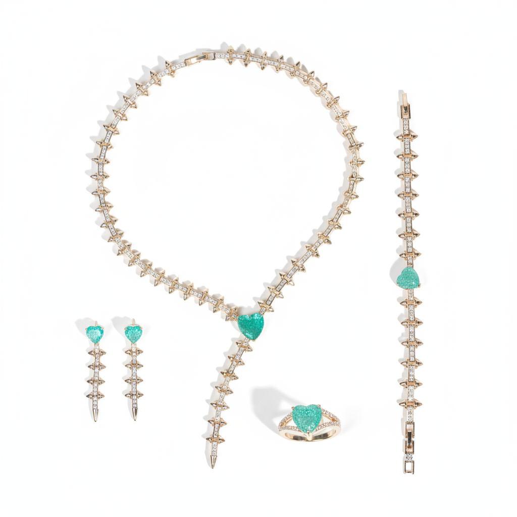 Luxury 14K Gold-Plated Copper & CZ Jewelry Set with Heart-Shaped Emerald Green Gems and Diamond Accents