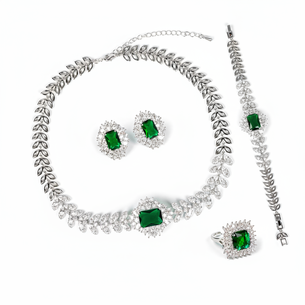 Elegant Rhodium-Plated Copper & CZ Jewelry Set with Emerald Green Zircon Accents and Leaf Motif Design