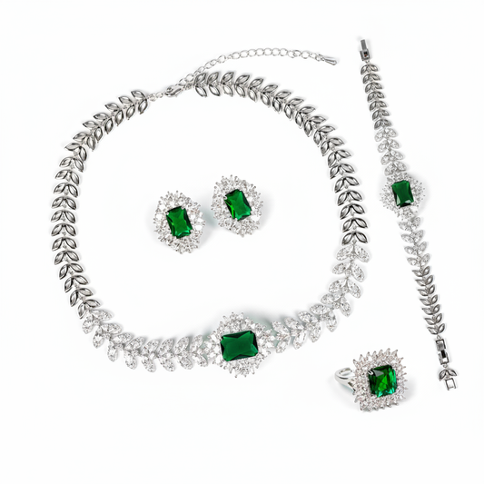 Elegant Rhodium-Plated Copper & CZ Jewelry Set with Emerald Green Zircon Accents and Leaf Motif Design