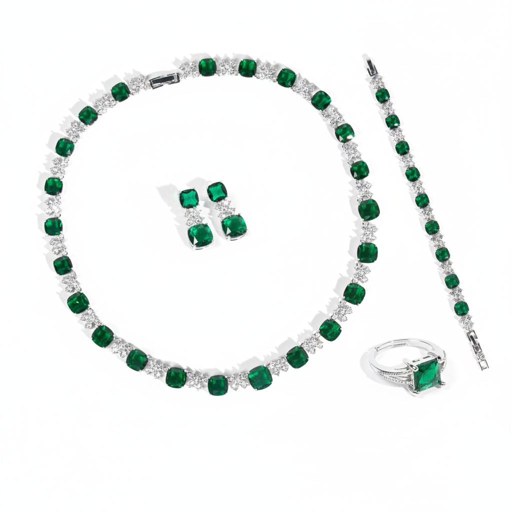 Elegant Rhodium-Plated Copper & CZ Jewelry Set with Emerald Green Zircon Accents and Diamond-Cut Detailing