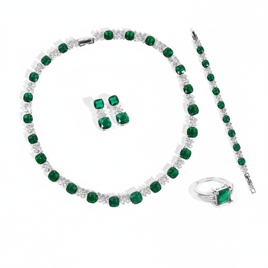 Elegant Rhodium-Plated Copper & CZ Jewelry Set with Emerald Green Zircon Accents and Diamond-Cut Detailing