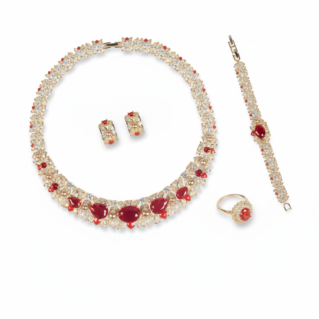 Luxury 14K Gold-Plated Copper & CZ Jewelry Set with Red Gemstone Accents and Matching 4-Piece Collection