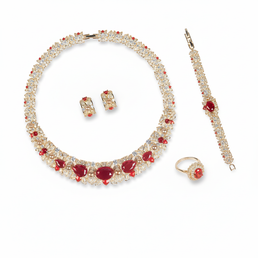 Luxury 14K Gold-Plated Copper & CZ Jewelry Set with Red Gemstone Accents and Matching 4-Piece Collection