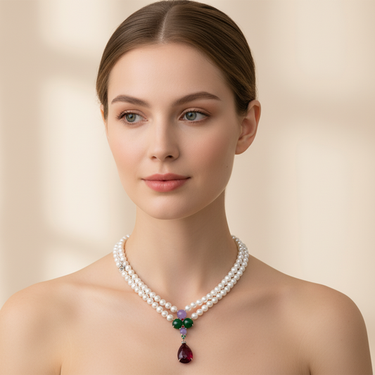 Double-Strand Pearl Necklace with Multicolor Gemstones & Copper CZ Pendant