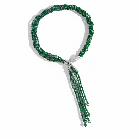 Natural Green Beaded Statement Necklace with Intricate Silver-Tone Zircon Bow Pendant and Cascading Accents