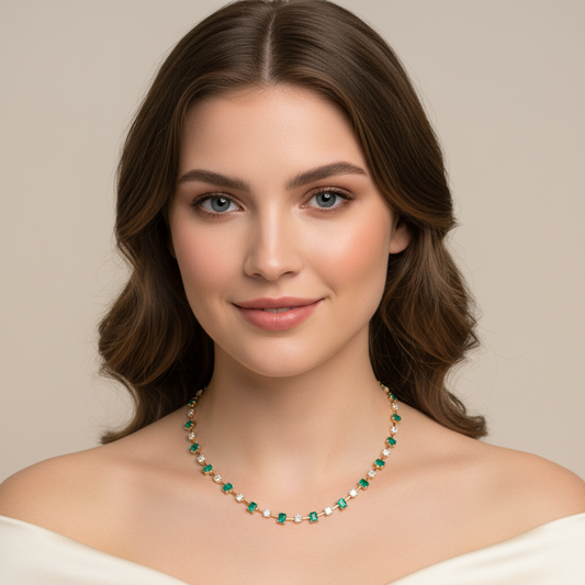 Adjustable Green Gemstone & Zircon Copper Choker Necklace with Square-Cut Accents