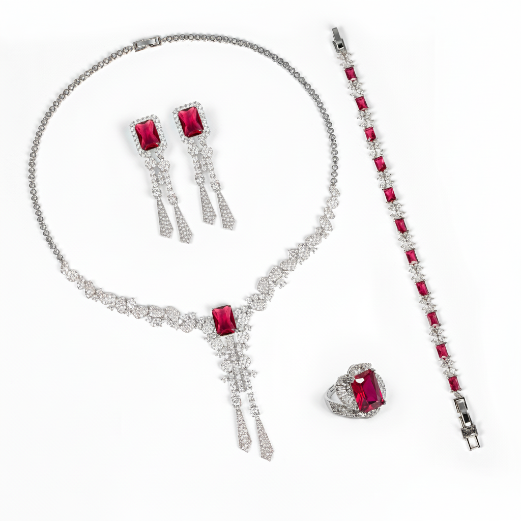 Luxury Rhodium-Plated Copper & CZ Jewelry Set with Red Gemstone Focal Points and All-Over Crystal Accents