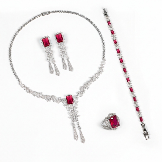 Luxury Rhodium-Plated Copper & CZ Jewelry Set with Red Gemstone Focal Points and All-Over Crystal Accents