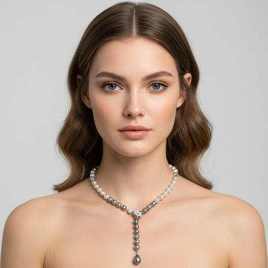 Dual-Strand Pearl Necklace with Copper Zircon Floral Pendant Snake Shaped AAA Zircon Paved Long Dangling Necklace