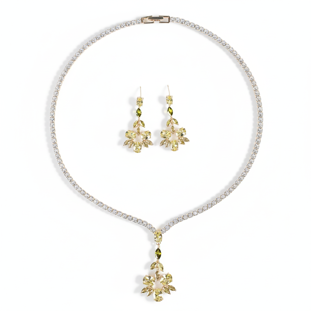 Luxury 14K Gold-Tone Copper & Cubic Zirconia Necklace & Earring Set with Floral Motif and Yellow Central Gemstone