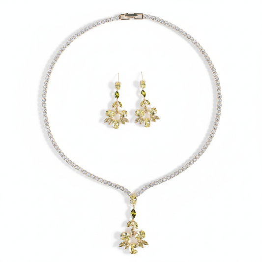 Luxury 14K Gold-Tone Copper & Cubic Zirconia Necklace & Earring Set with Floral Motif and Yellow Central Gemstone