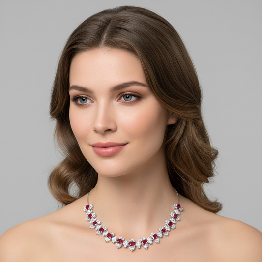 Vivid Red Zircon & Copper Statement Necklace with Intricate Square Setting