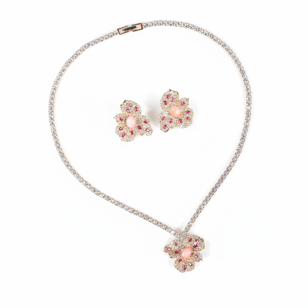 Elegant Floral Copper & Cubic Zirconia Necklace & Earring Set with Pink and Red Gemstone Accents
