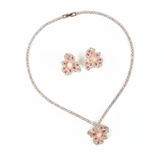 Elegant Floral Copper & Cubic Zirconia Necklace & Earring Set with Pink and Red Gemstone Accents