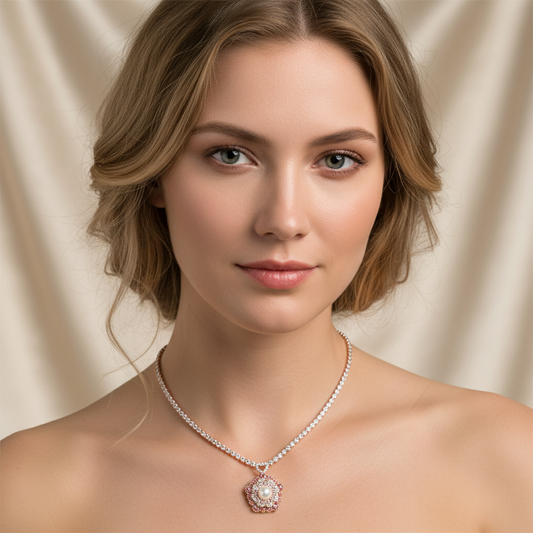 Floral Copper Zircon Statement Necklace with Pink Gem Accents Pearl Charm Pendant Necklace