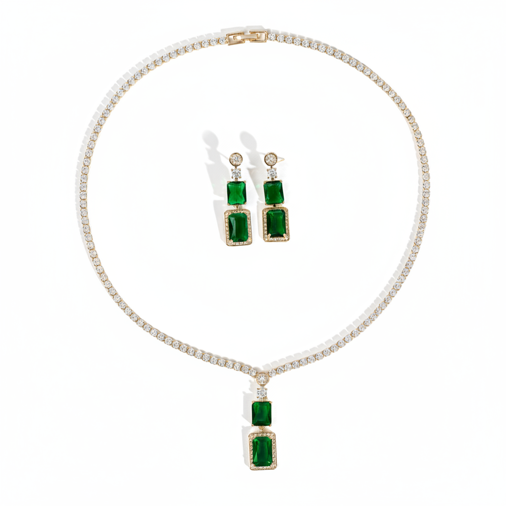 Luxury 14K Gold-Plated Copper CZ Necklace & Earrings Set with Emerald Green Centerpiece and Diamond-Cut Accents