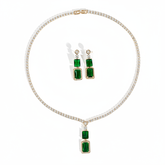 Luxury 14K Gold-Plated Copper CZ Necklace & Earrings Set with Emerald Green Centerpiece and Diamond-Cut Accents