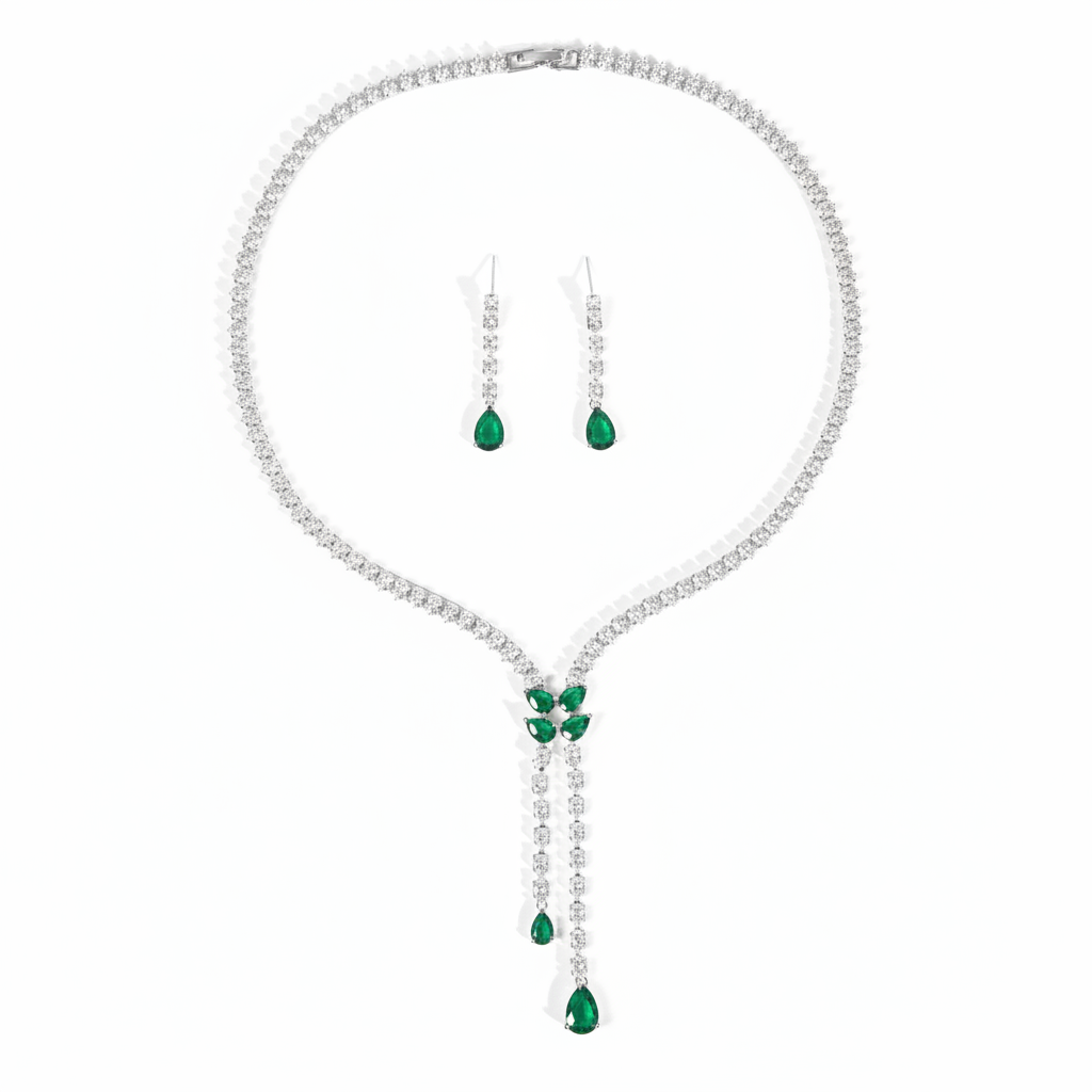 Elegant Rhodium-Plated Copper CZ Necklace & Earring Set with Pear-Shaped Green Gemstone Drops