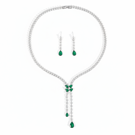 Elegant Rhodium-Plated Copper CZ Necklace & Earring Set with Pear-Shaped Green Gemstone Drops