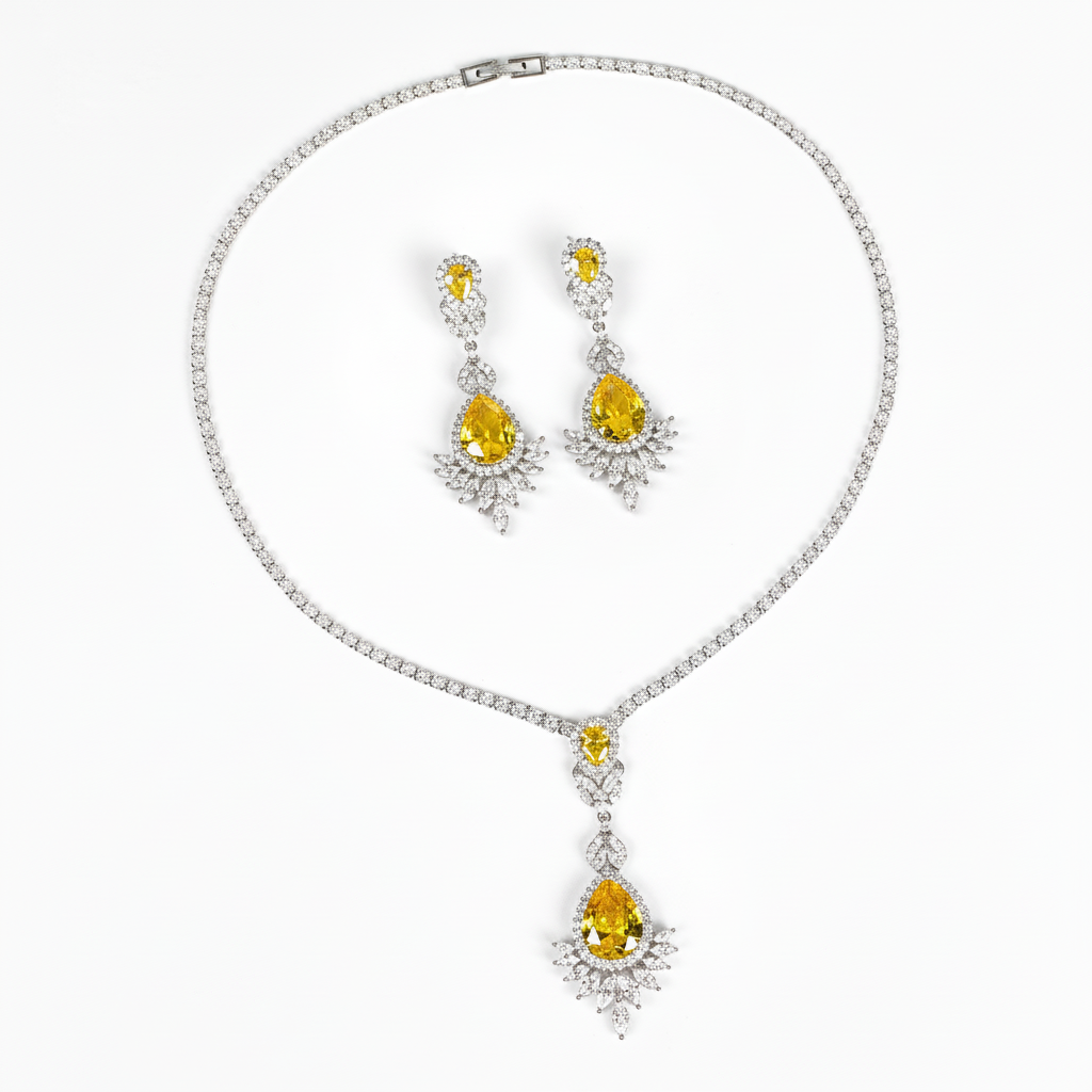 Elegant Rhodium-Plated Copper Zircon Jewelry Set with Pear-Shaped Yellow Centerpiece & Crystal Halo Detailing