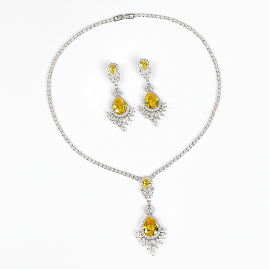 Elegant Rhodium-Plated Copper Zircon Jewelry Set with Pear-Shaped Yellow Centerpiece & Crystal Halo Detailing