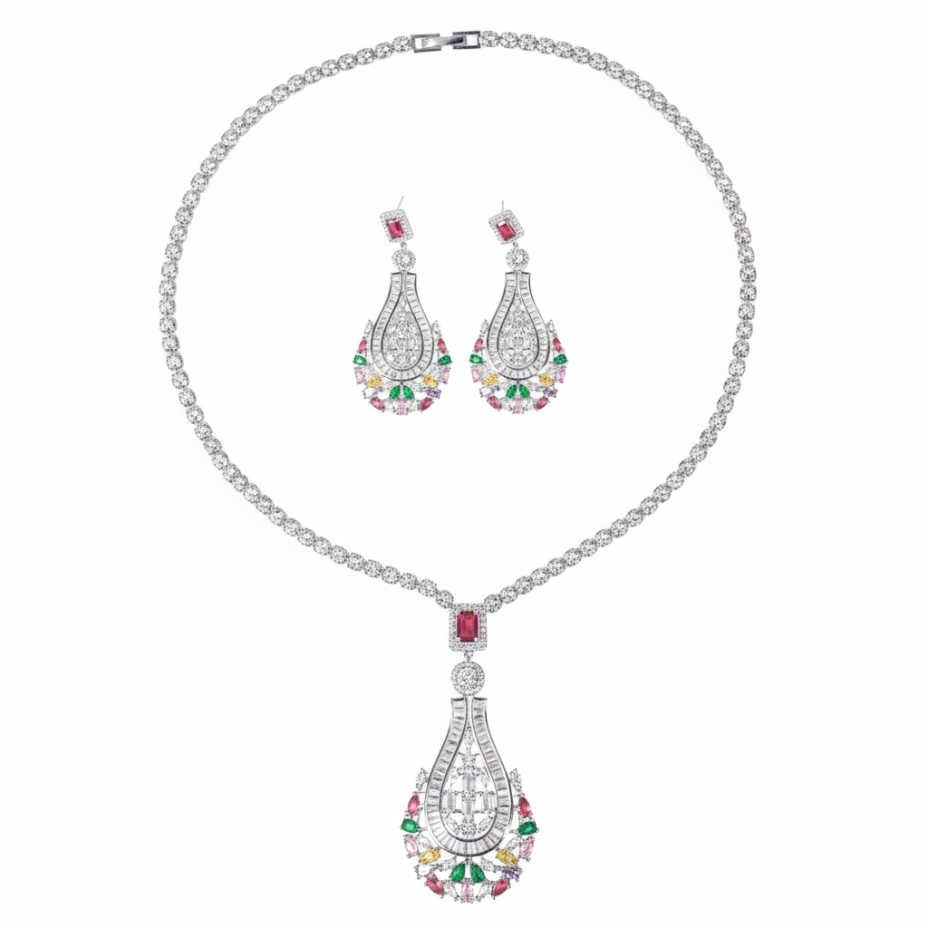 Elegant Rhodium-Plated Copper CZ Necklace & Earring Set with Multi-Color Gemstone Pendant & Crystal Halo Detailing