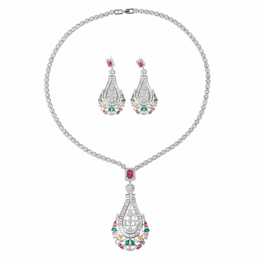Elegant Rhodium-Plated Copper CZ Necklace & Earring Set with Multi-Color Gemstone Pendant & Crystal Halo Detailing