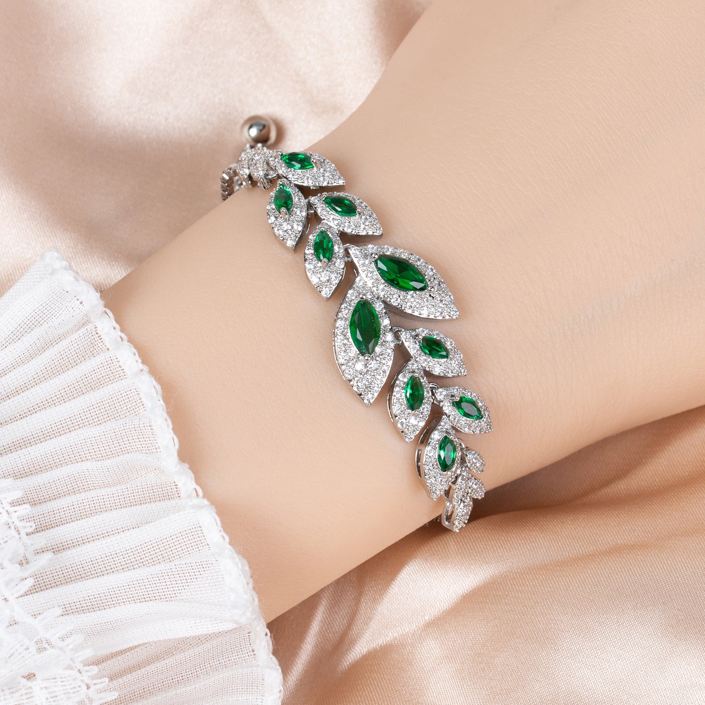 Nature-Inspired Leaf Design Copper Bracelet with Green & White Zircon Accents