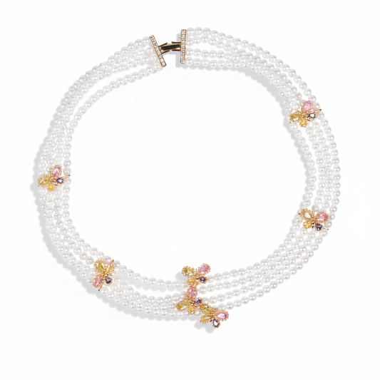 Triple-Layer Pearl Necklace with 14K Gold-Tone Copper Butterfly Charms & Multicolor CZ Accents