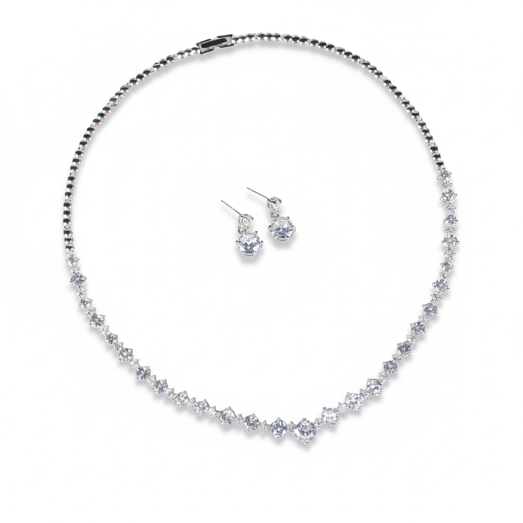 Elegant Rhodium-Plated Copper CZ Necklace & Earring Set with Floral Chain Links and Micro-Pave Detailing