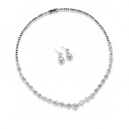 Elegant Rhodium-Plated Copper CZ Necklace & Earring Set with Floral Chain Links and Micro-Pave Detailing
