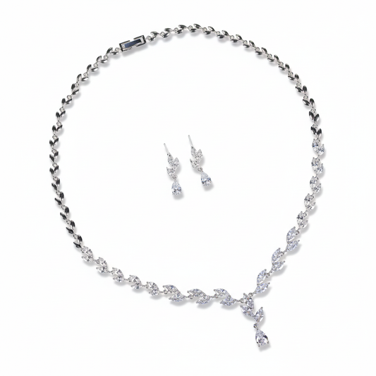 Elegant Rhodium-Plated Copper CZ Necklace & Earring Set with Teardrop Pendant and Floral Chain Detailing
