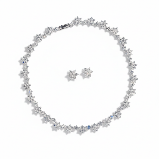 Elegant Rhodium-Plated Copper Floral Jewelry Set with Cubic Zirconia Blooms and Sapphire Accents