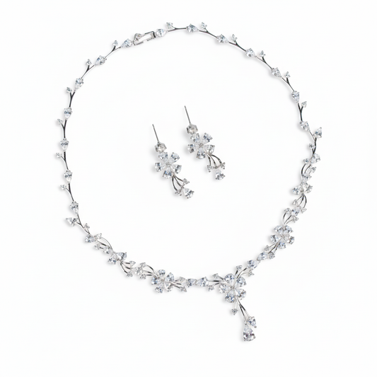 Elegant Rhodium-Plated Copper CZ Floral Jewelry Set with Micro-Pave Blossoms and Scrollwork Detailing