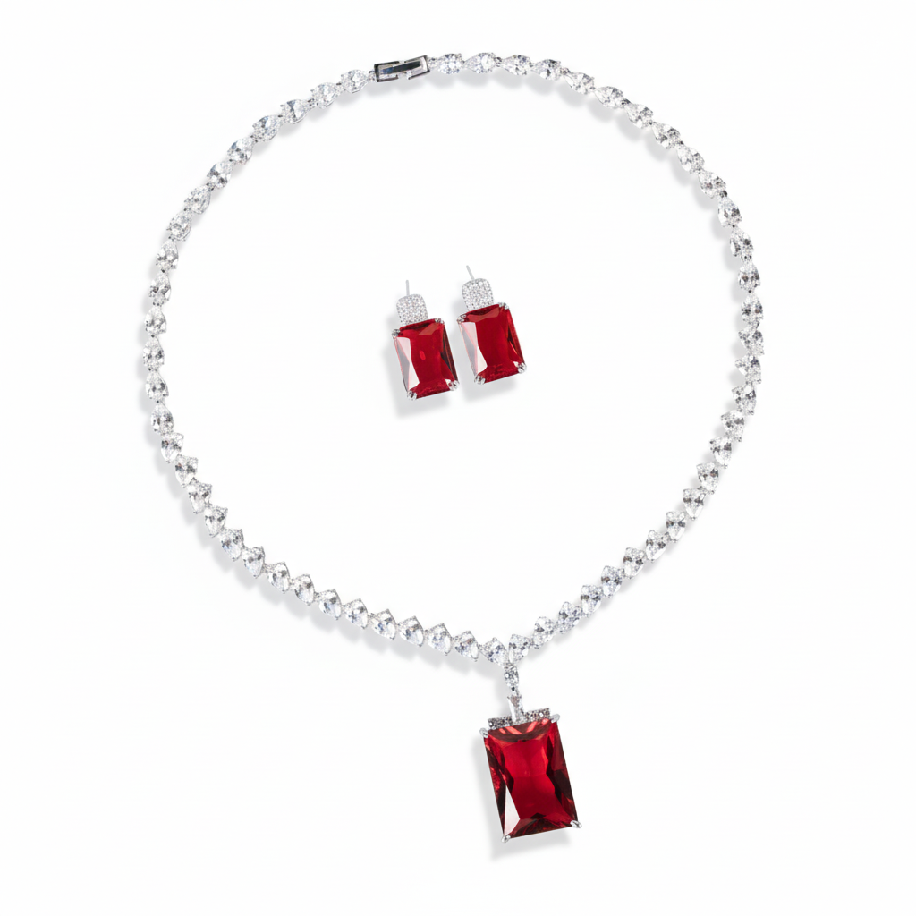 Elegant Rhodium-Plated Copper & Zircon Jewelry Set with Red Rectangular Gemstone Pendant and Matching Earrings