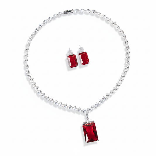 Elegant Rhodium-Plated Copper & Zircon Jewelry Set with Red Rectangular Gemstone Pendant and Matching Earrings