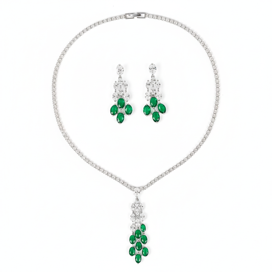 Elegant Rhodium-Plated Copper & CZ Floral Jewelry Set with Emerald Green Gemstone Blooms