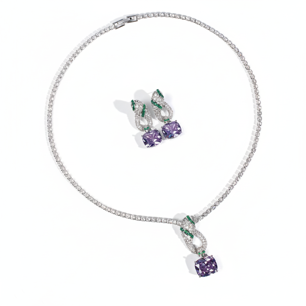 Elegant Rhodium-Plated Copper & CZ Jewelry Set with Amethyst and Emerald Accents