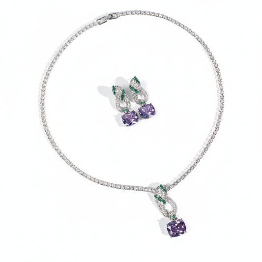 Elegant Rhodium-Plated Copper & CZ Jewelry Set with Amethyst and Emerald Accents