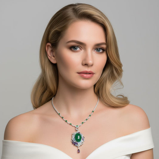 Vintage-Inspired Green Zircon & Purple Gemstone Copper Statement Necklace with Elaborate Pendant