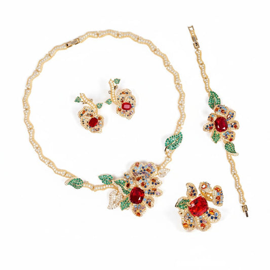 14K Gold Plated Copper Zirconia Floral Jewelry Set - Vintage Style Necklace, Earrings & Ring