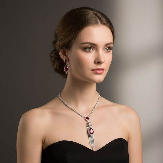 Elegant White Gold-Plated Copper Zircon Set with Red Gemstone Pendant and Crystal Fringe Detailing