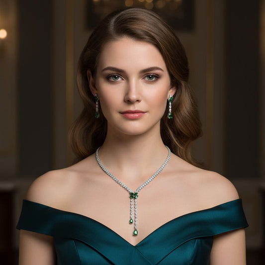 Elegant Rhodium-Plated Copper CZ Necklace & Earring Set with Pear-Shaped Green Gemstone Drops