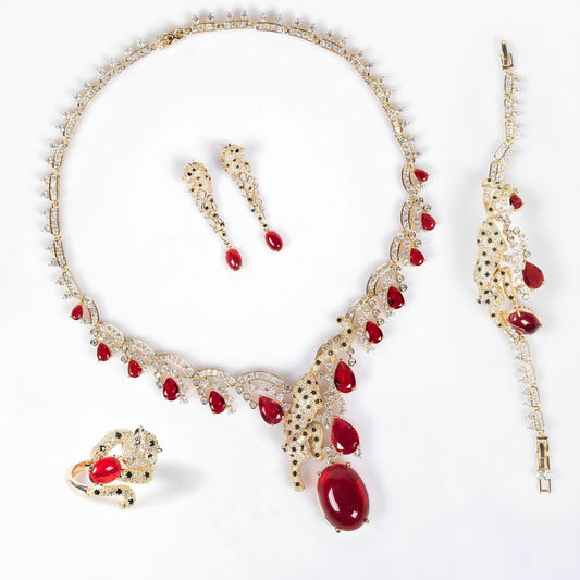 Vintage Elegance: 14K Gold Plated Statement Jewelry Set with Zirconia & Simulated Ruby