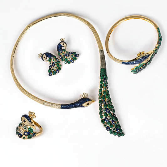 Statement Peacock Jewelry Set in 14K Gold Plated with Blue-Green Zirconia
