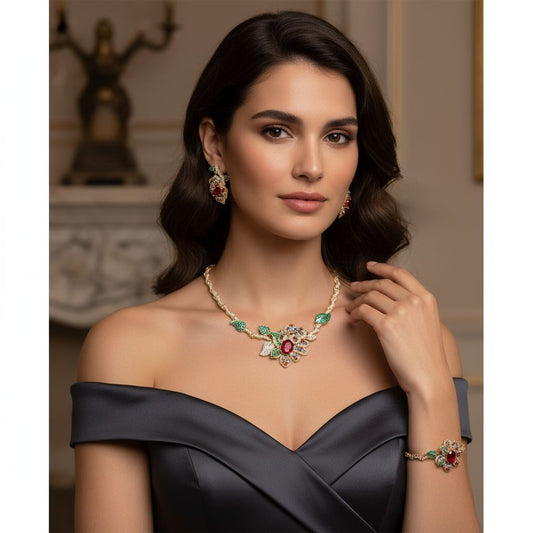 14K Gold Plated Copper Zirconia Floral Jewelry Set - Vintage Style Necklace, Earrings & Ring