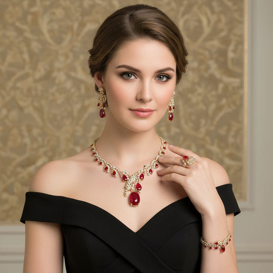 Vintage Elegance: 14K Gold Plated Statement Jewelry Set with Zirconia & Simulated Ruby