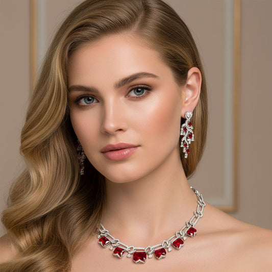 Rhodium-Plated Copper Jewelry Set Cubic Zirconia & Simulated Ruby Statement Necklace and Earrings