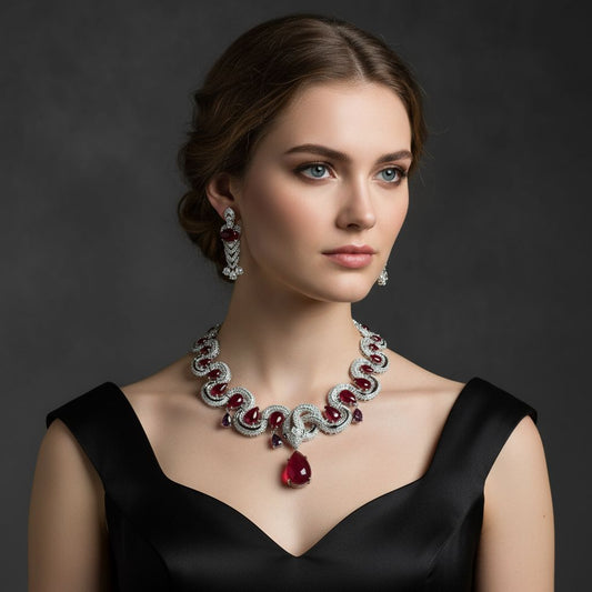 Vintage Style Rhodium Plated Zirconia & Red Crystal Jewelry Set, Necklace and Earrings