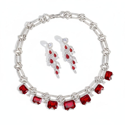Rhodium-Plated Copper Jewelry Set Cubic Zirconia & Simulated Ruby Statement Necklace and Earrings